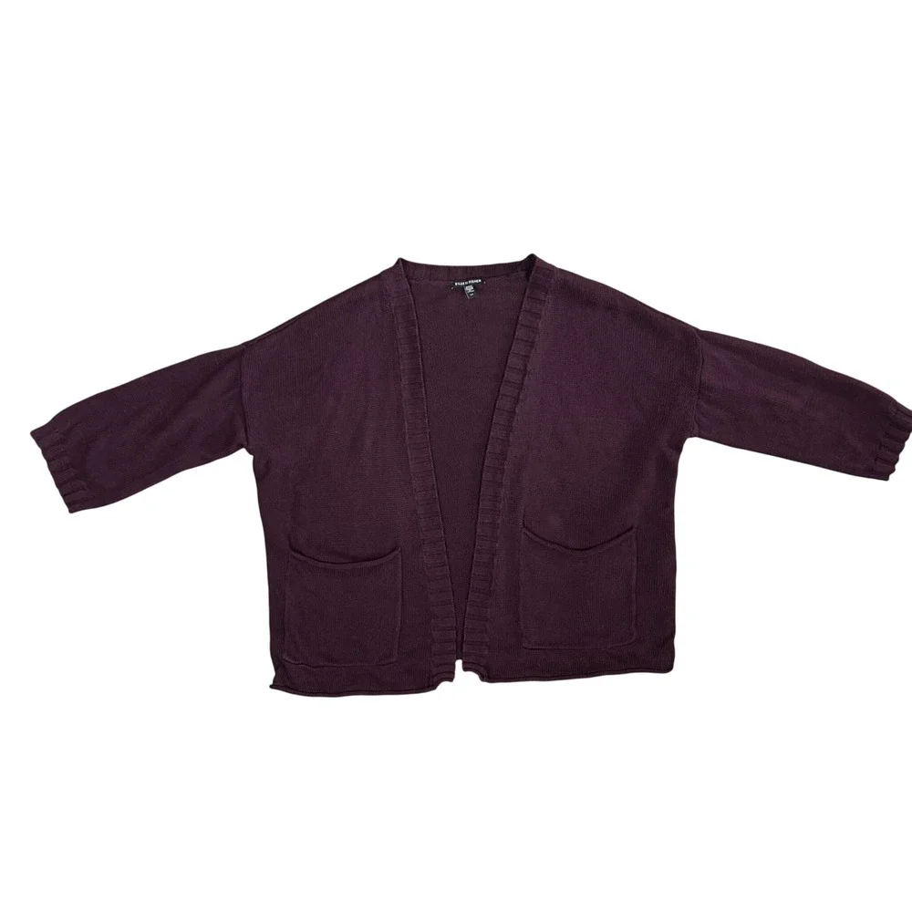 Eileen Fisher Womens Plum Purple Linen Cotton Open Front Cardigan Sweater S/P